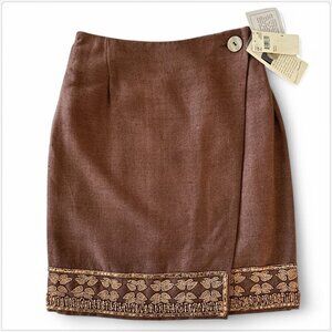 Krizia Italy Brown 100% Silk (Linen Look) Vintage Wrap Wood Bead Skirt New NWT 4
